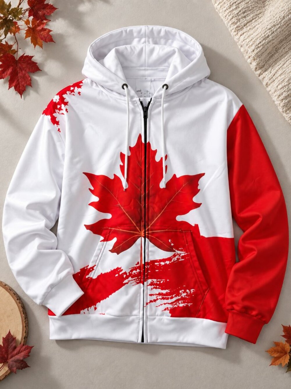 Canada Maple Leaf Full Zip Hoodie Red White Lightweight Fall Jacket
